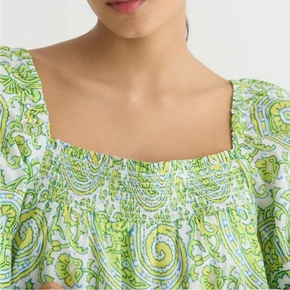 J Crew x SZ Blockprints Square Neck Puff Sleeve Mini Dress Green Sz M NEW BQ857 - Picture 2 of 16